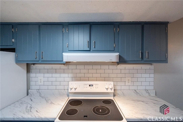 kitchen with blue cabinets, light stone countertops, electric stove, and tasteful backsplash