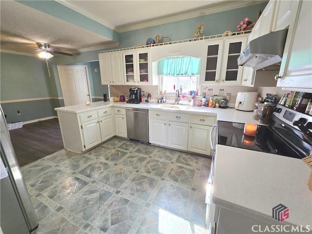 kitchen featuring under cabinet range hood, a peninsula, a sink, appliances with stainless steel finishes, and crown molding