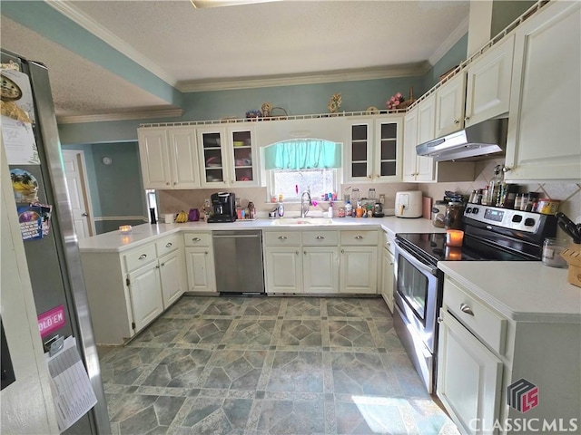 kitchen featuring under cabinet range hood, stainless steel appliances, a sink, light countertops, and ornamental molding