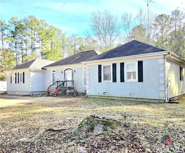 single story home featuring crawl space and stucco siding