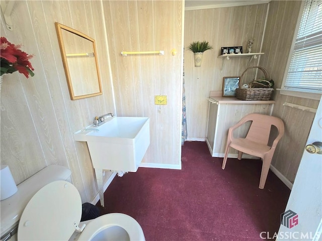 bathroom with toilet and wooden walls