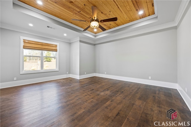 spare room with crown molding, wooden ceiling, a raised ceiling, and dark hardwood / wood-style floors