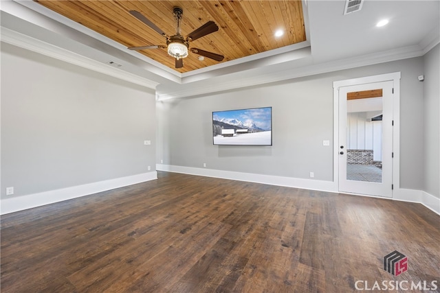 unfurnished living room featuring wooden ceiling, ceiling fan, a tray ceiling, and ornamental molding