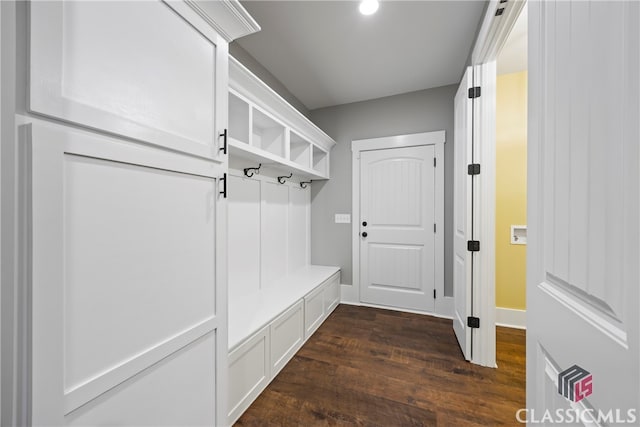 mudroom with dark wood-type flooring