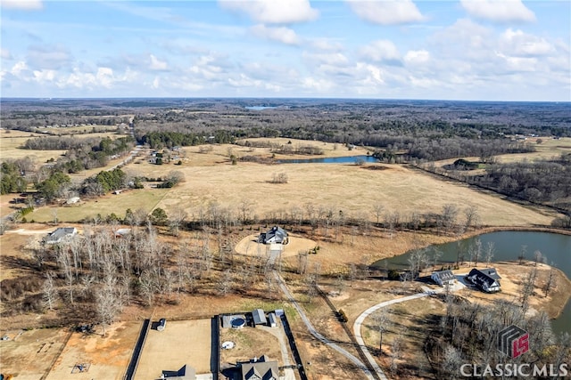 bird's eye view featuring a rural view and a water view