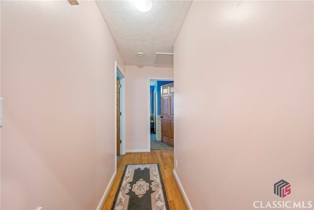 hall with a textured ceiling and light hardwood / wood-style flooring