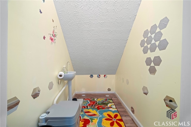 washroom featuring hardwood / wood-style flooring and a textured ceiling