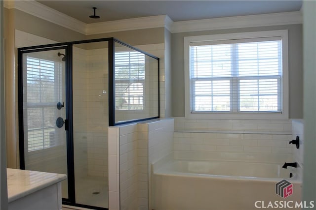 bathroom with vanity, ornamental molding, and plus walk in shower