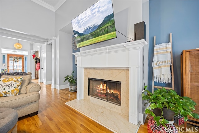 living room featuring light wood-type flooring, a premium fireplace, and crown molding