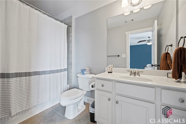 bathroom featuring ceiling fan, toilet, and vanity