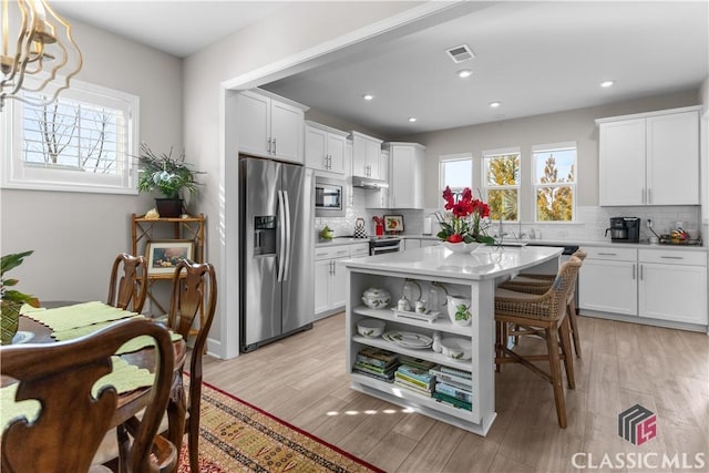 kitchen featuring appliances with stainless steel finishes, white cabinetry, and a center island