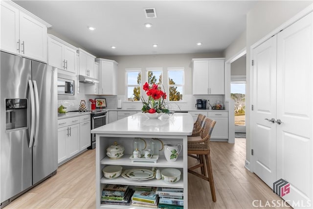 kitchen with appliances with stainless steel finishes, backsplash, white cabinets, and a center island