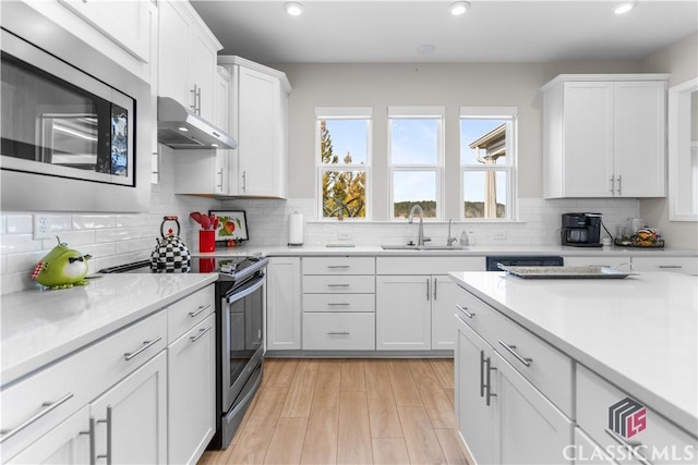 kitchen featuring light wood-type flooring, stainless steel appliances, white cabinets, and sink