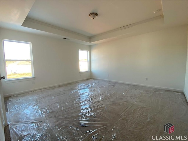 unfurnished room featuring a raised ceiling