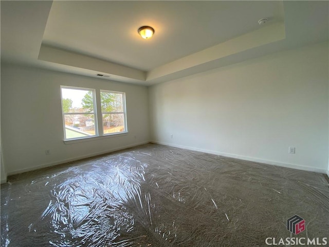 unfurnished room with a tray ceiling