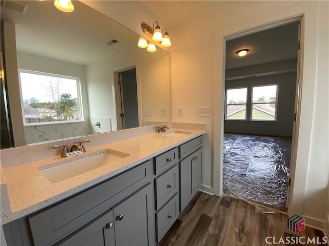 bathroom featuring vanity and hardwood / wood-style flooring