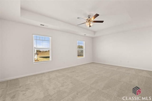 unfurnished room featuring a tray ceiling, light carpet, and a healthy amount of sunlight