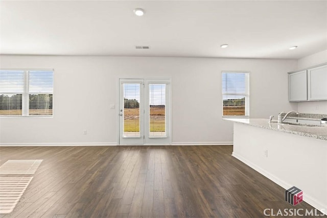 interior space with dark hardwood / wood-style flooring and sink