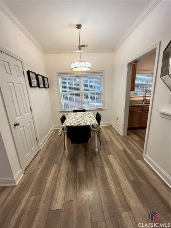 dining room featuring dark wood-type flooring, sink, and ornamental molding