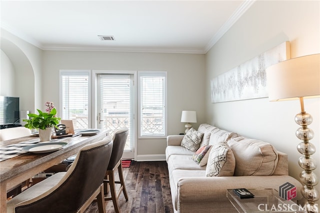 office space featuring dark hardwood / wood-style flooring and ornamental molding