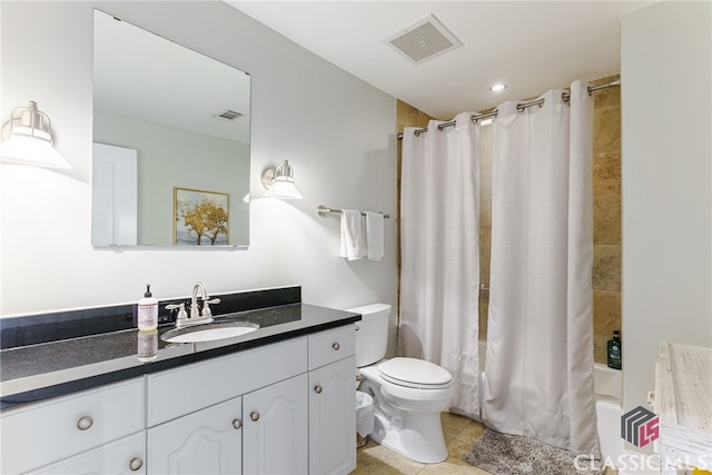 full bathroom with toilet, vanity, tile patterned flooring, and shower / bathtub combination with curtain