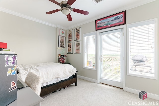 bedroom featuring light carpet, ceiling fan, access to outside, and multiple windows