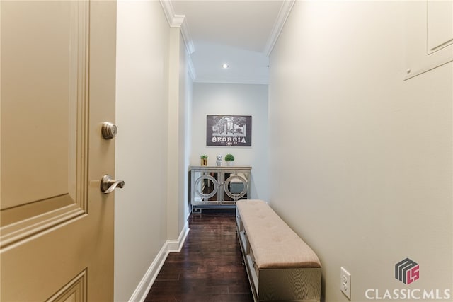 corridor featuring ornamental molding and dark hardwood / wood-style flooring