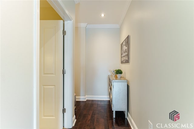 hall with crown molding and dark hardwood / wood-style floors