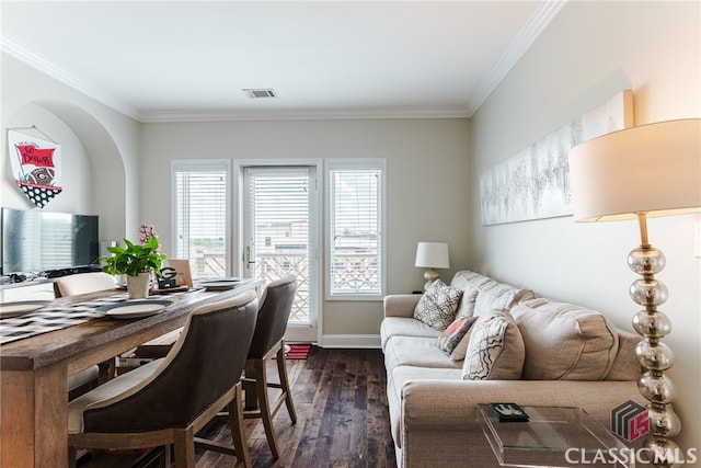 office space featuring dark hardwood / wood-style flooring and ornamental molding