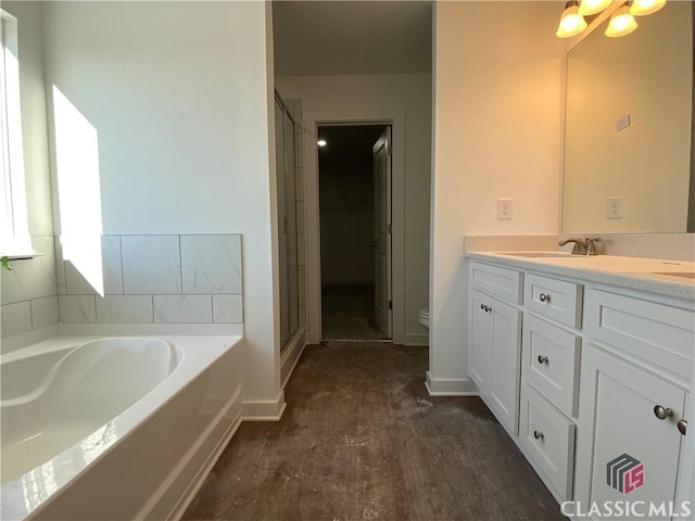 bathroom featuring vanity and plus walk in shower