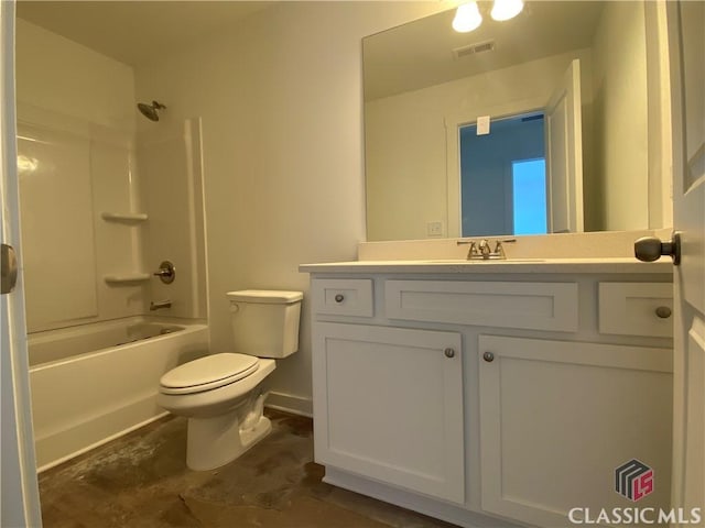 full bathroom featuring bathtub / shower combination, toilet, and vanity