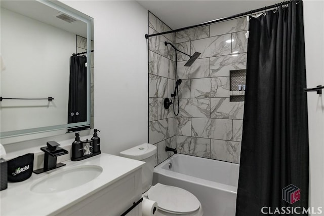 full bathroom with toilet, vanity, and shower / tub combo with curtain