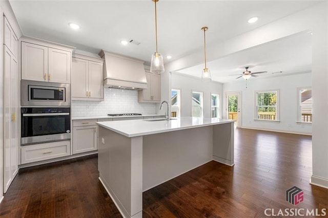 kitchen featuring tasteful backsplash, premium range hood, sink, an island with sink, and stainless steel appliances