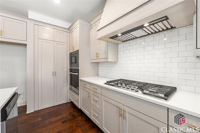 kitchen with decorative backsplash, premium range hood, appliances with stainless steel finishes, and dark wood-type flooring