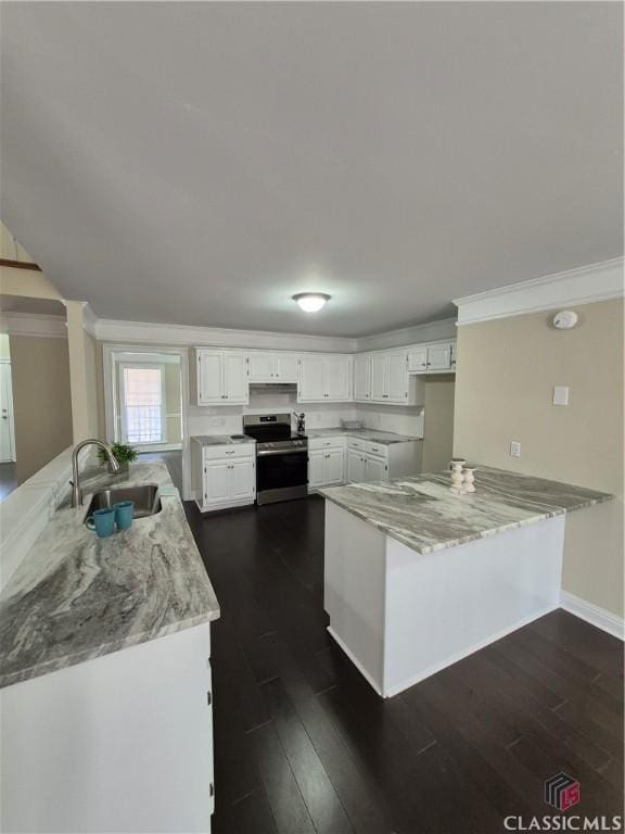 kitchen featuring sink, dark hardwood / wood-style flooring, stainless steel electric stove, light stone countertops, and white cabinets