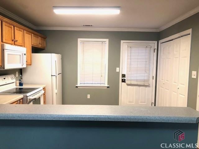 kitchen with crown molding, white appliances, and kitchen peninsula