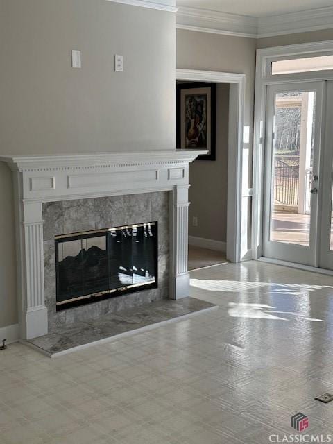 details with a premium fireplace and ornamental molding