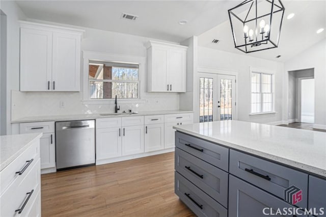 kitchen featuring white cabinetry, sink, stainless steel dishwasher, and decorative backsplash