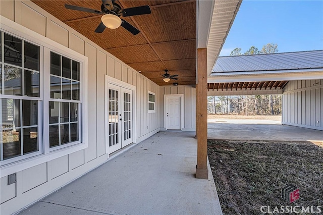 view of patio featuring ceiling fan and french doors