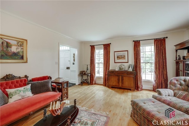 living room with crown molding and light hardwood / wood-style floors