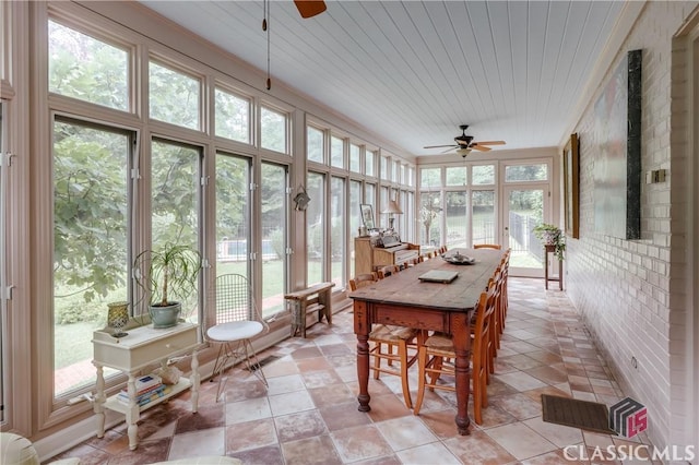 sunroom featuring a healthy amount of sunlight, wooden ceiling, and ceiling fan