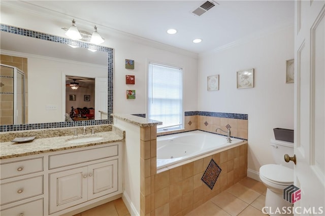 full bathroom with tile patterned floors, toilet, crown molding, vanity, and plus walk in shower