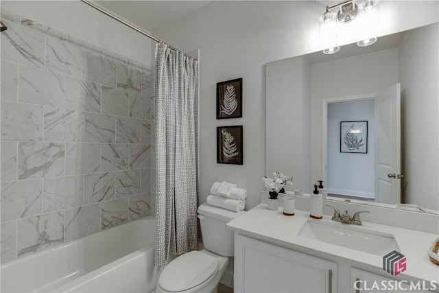 full bathroom featuring vanity, shower / bathtub combination with curtain, and toilet