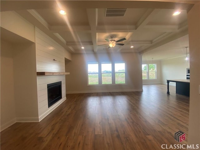 226 Montview Dr, Jefferson, GA 30549 - unfurnished living room featuring a fireplace, a ceiling fan, coffered ceiling, dark wood-type flooring, and baseboards
