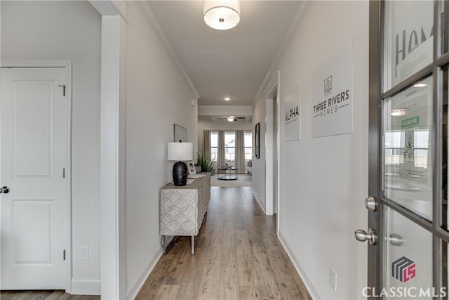 living area featuring recessed lighting, light wood-style flooring, beam ceiling, and ceiling fan with notable chandelier