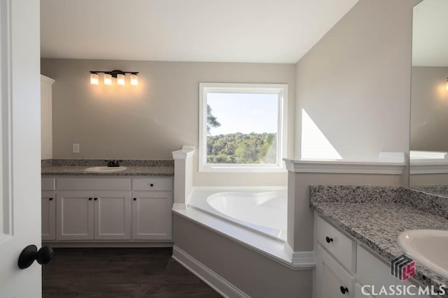 bathroom with vanity, a tub to relax in, and hardwood / wood-style flooring