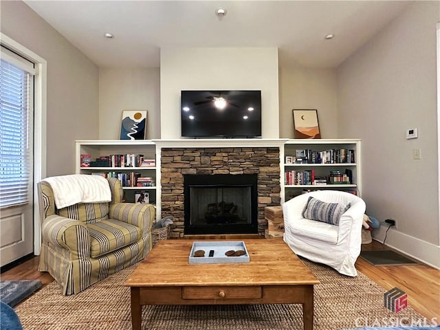 living room with wood-type flooring and a fireplace