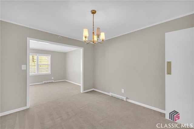 unfurnished room featuring a notable chandelier, crown molding, and light colored carpet