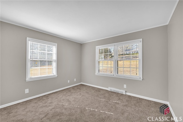 spare room featuring light colored carpet and ornamental molding