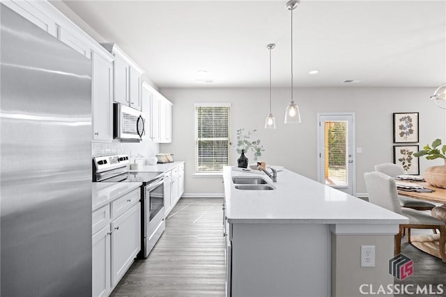 kitchen with a sink, stainless steel appliances, a healthy amount of sunlight, and a center island with sink